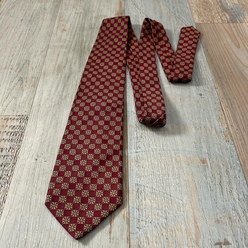 Lands End Men’s Neck Tie Dark Red Gold Square Geo Design L58” W3.5”